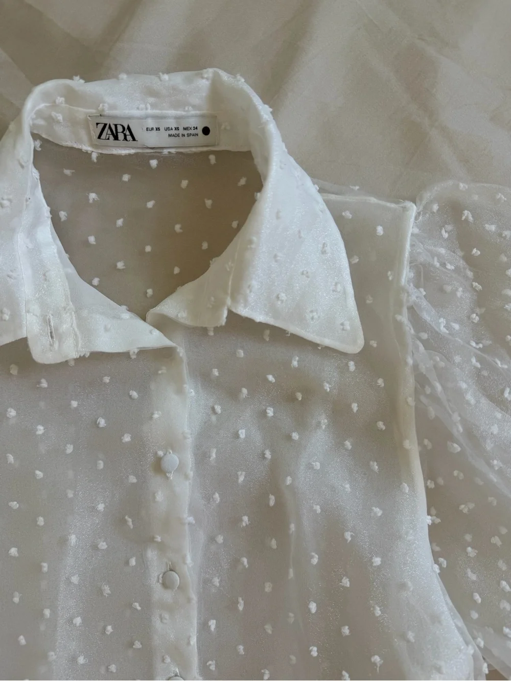 Zara White Swiss Dot Sheer Puff Sleeve Shirt